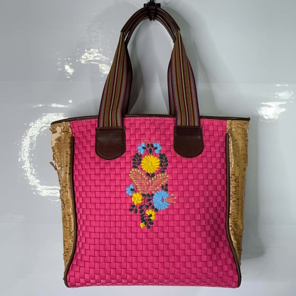 Consuela Classic Tote Hot Pink Woven Cork Floral Embroidered Shoulder Bag READ